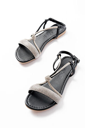 152-1104 Siyah Gümüş Taşlı Günlük Kadın Sandalet