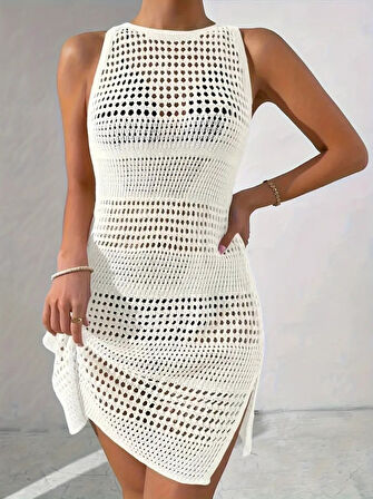 Kadın Kolsuz Derin Sırt Dekolteli Ajurlu Triko Pareo