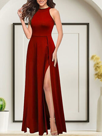 Kadınhalter Yaka Derin Yırtmaç Detaylı Tam Boy Ithal Krep Abiye Elbise