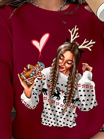 Kadın Yılbaşı özel Uzun Kollu Bisiklet Yaka Desenli Viskon Iki Iplik Bluz