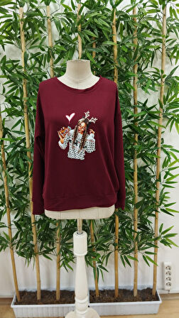 Kadın Yılbaşı özel Uzun Kollu Bisiklet Yaka Desenli Viskon Iki Iplik Bluz