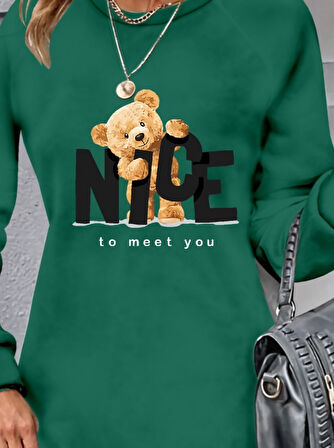 Kadın Uzun Kollu Bisiklet Yaka Ayı Desenli Viskon Iki Iplik Elbise