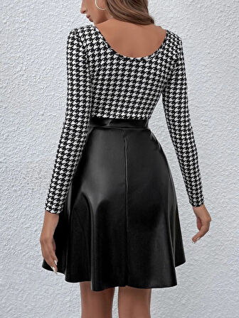 Kadın Uzun Kollu Kare Yakalı üst şardonlu Dalgıç Alt Deri Kısa Elbise