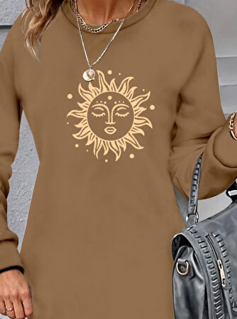 Kadın Uzun Kollu Bisiklet Yaka Güneş Desenli Viskon Iki Iplik Elbise