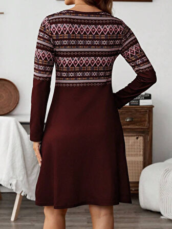 Kadın Uzun Kollu Bisiklet Yaka Etnik Desenli Kısa şardonlu Dalgıç Elbise