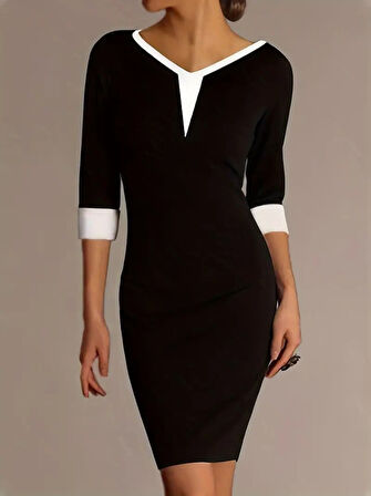 Kadın Truvakarkol V Yakalı Blok Renkli Kısa Janjan Krep Elbise