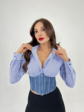 6963 GÖMLEK-MAVİ BEYAZ ÇİZGİLİ