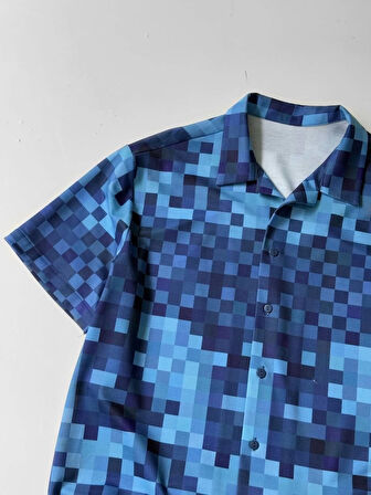 İki İplik Kumaş Baskılı Gömlek - Mavi