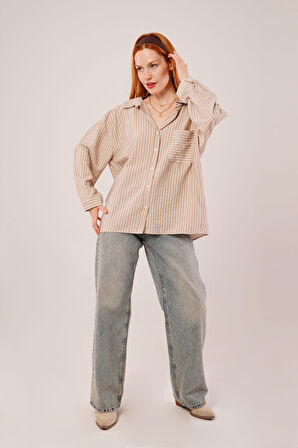 Çizgi Detaylı Cepli Camel Gömlek