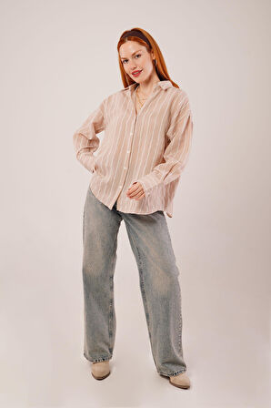 Kol Düğmeli Çizgili Bej Gömlek