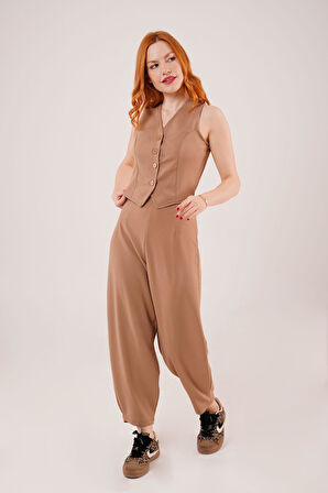 Önü Düğmeli Camel Yelek