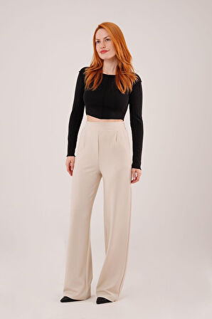 Yüksek Bel Bol Paça Krep Krem Pantolon