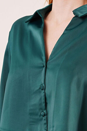 Saten Crop Model Yeşil Gömlek