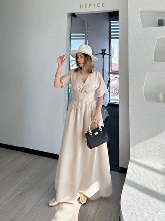 Kısa Kollu Uzun Elbise - Kırık Beyaz