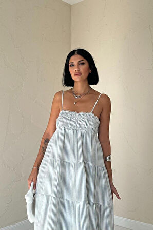Mavi Askılı Parçalı Çizgili Müslin Elbise