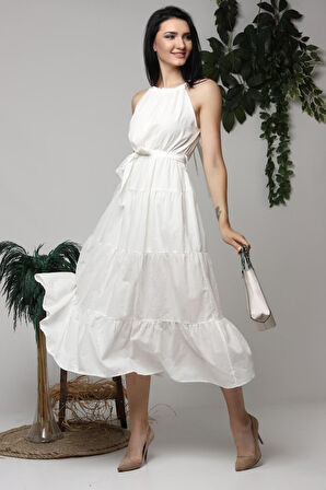 Ekru Halter Yakalı Kuşaklı Elbise