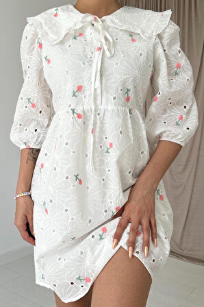 Pembe Bebe Yakalı Brode Elbise