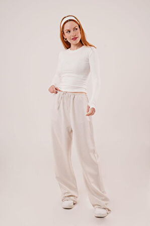 Cepli Bağlama Detaylı Keten Ekru Pantolon