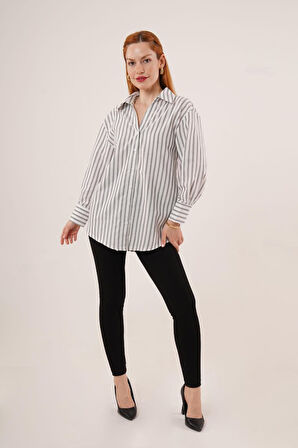 Çift Çizgi Geçişli Düğmeli Gri Gömlek