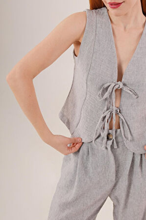 Ön Bağlama Detaylı Yelek Ve Pantolon Gri İkili Takım