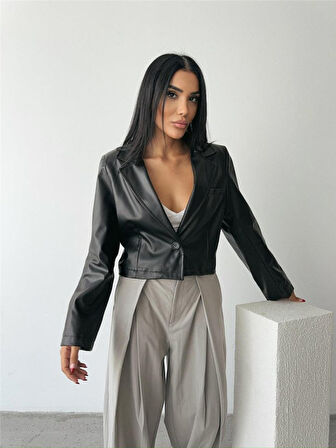 DERİ CROP CEKET TEK DÜĞME - Siyah