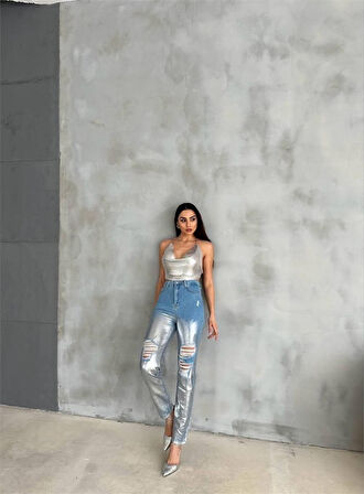 DİZ YIRTIK VARAKLI MOM KOT PANTOLON - Gümüş