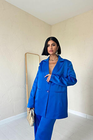 Mavi Saten Ceket Ve Pantolon Takım