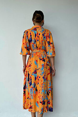 Oranj Çiçek Desenli Kemerli Elbise