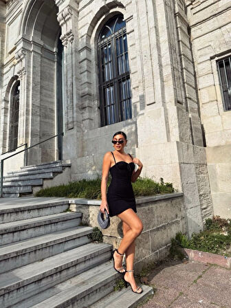 Kadın Omuz Askılı File Kumaş Likralı Mini Elbise