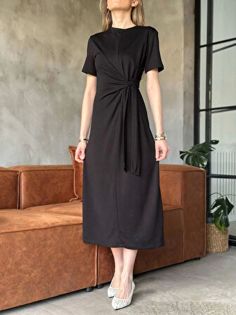 Osy Modal Yumuşak Dokulu KumaşYandan Bağlamalı Elbise - Siyah