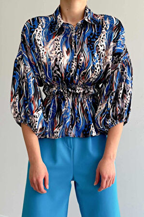 Beli Lastikli Saten Gömlek - Mavi