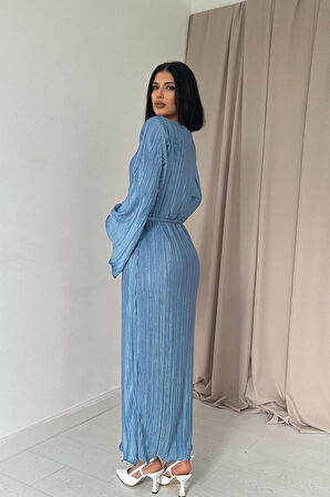 Mavi İspanyol Kol Piliseli Elbise