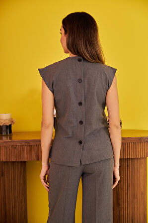 Gri Sıfır Kol Düğmeli Gömlek Takım