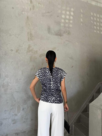 LEOPAR DESEN YANDAN BAĞLAMA DETAYLI BLUZ - Gri