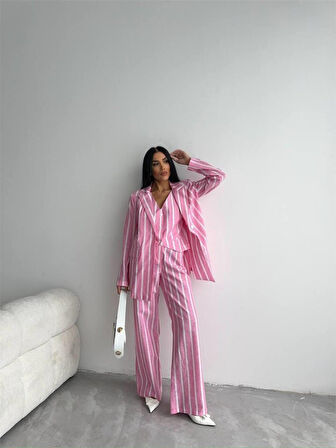 ÇİZGİLİ KETEN YELEK-PANTOLON TAKIM - Pembe