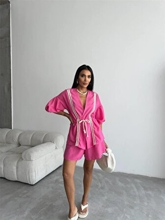 KETEN BEL BÜZGÜLÜ BLUZ-PANTOLON TAKIM - Fuşya