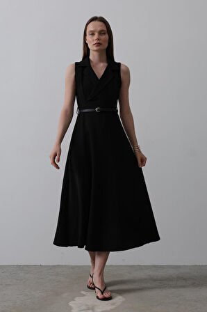 Sıfır Kollu Kemer Detaylı Elbise - Siyah