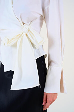 Düz Yandan Bağlamalı Gömlek - Ekru