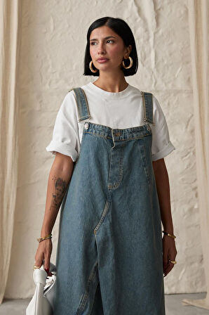 Mavi Askılı Düğmeli Kot Elbise