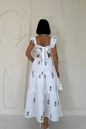 Lacivert Sıfır Kol Fırfırlı Elbise