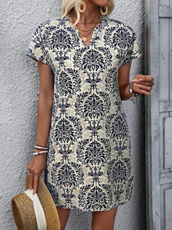 Kadın Kısa Kollu çentik Yaka çiçek Desenli Keten Elbise