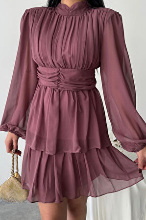 ŞİFON KATLI UZUN KOL ELBİSE - Pudra