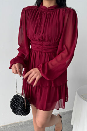 ŞİFON KATLI UZUN KOL ELBİSE - Bordo