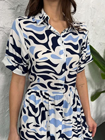 Baskılı Keten Elbise - Lacivert