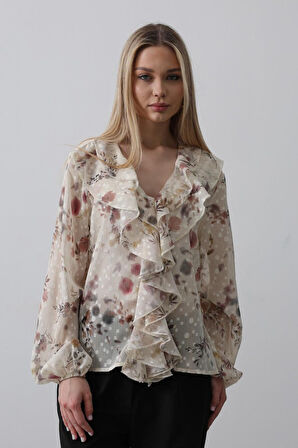 Volanlı Çiçek Desen Şifon Gömlek - Krem