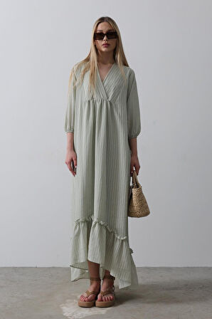 Çizgili Oversize V Yaka Elbise - Haki