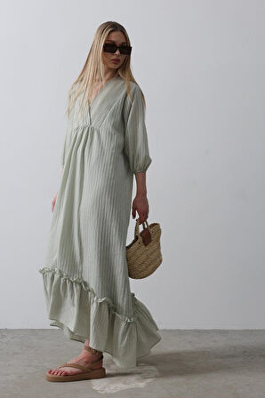Çizgili Oversize V Yaka Elbise - Haki