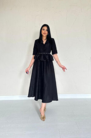 Siyah İnce Kemerli Fırfırlı Ceket Ve Büzgülü Etek Takım