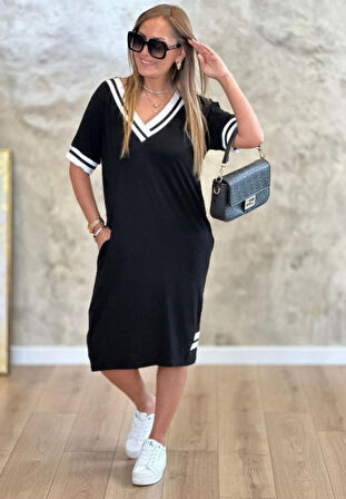 Kadın Kısa Kollu V Yaka Ribana Detaylı Cepli Dizüstü Viskon Elbise