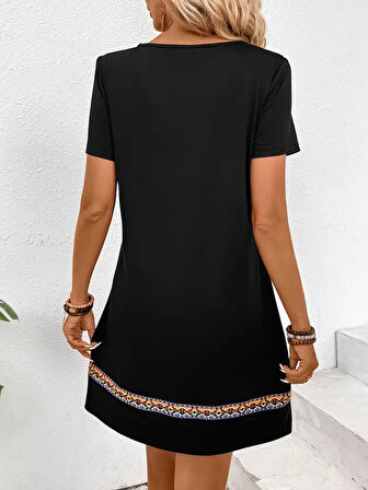 Kadın Kısa Kollu V Yakalı Etnik Desen şerit Detaylı Viskon Elbise